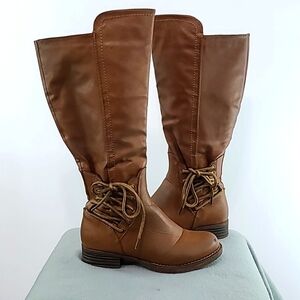 GLOBAL WIN Women's Brown Knee‎ High Boots Decorative Lace Up - Size 7